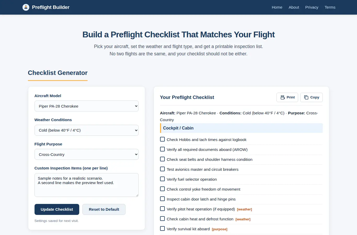Screenshot of Aircraft Preflight Checklist Builder interface showing the project page in use